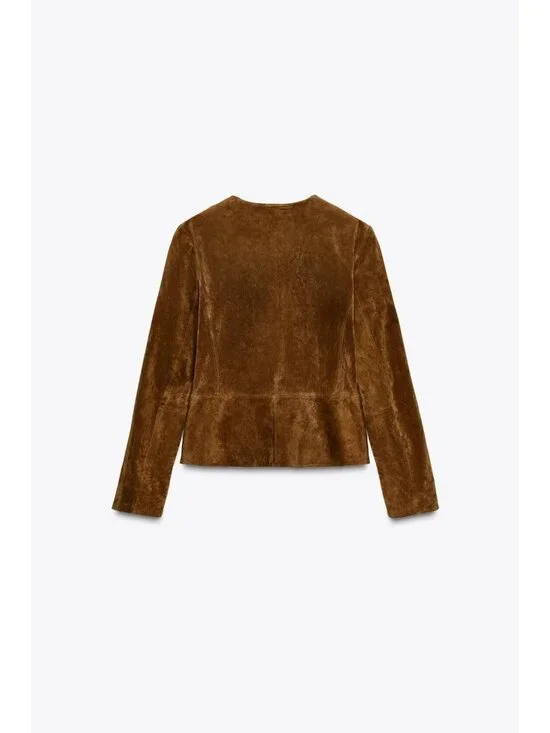 Zara Womens Blazer Jacket Size S Brown Leather Flared Hem Peplum 6318/232 NWT - Picture 4 of 15